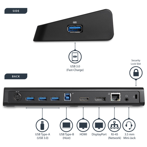 StarTech.com USB 3.0 Docking Station Dual Monitor with HDMI & 4K DisplayPort - USB 3.0 to 4x USB-A, Ethernet, HDMI and DP - USB Type A Universal Laptop Docking Station for Mac & Windows 47920