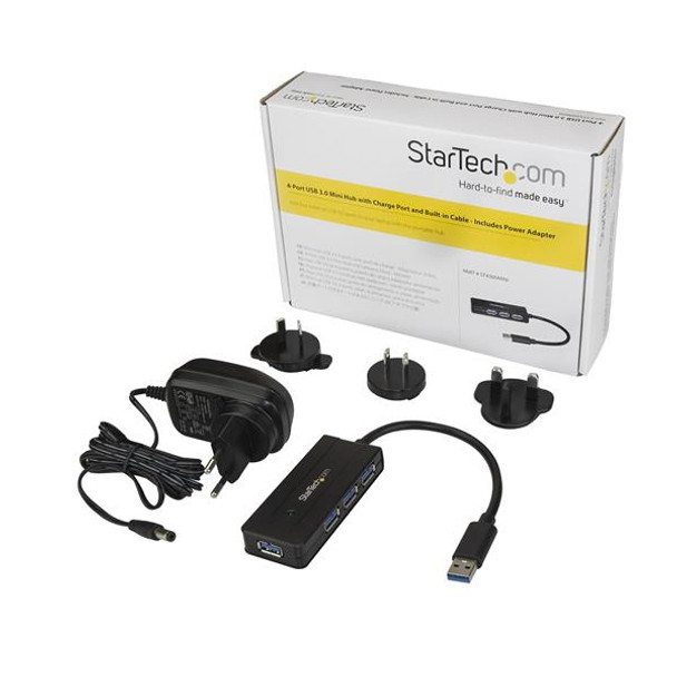 StarTech.com 4 Port USB 3.0 Hub (SuperSpeed 5Gbps) with Fast Charge – Portable USB 3.1 Gen 1 Type-A Laptop/Desktop Hub - USB Bus Power or Self Powered for High Performance – Mini/Compact 48014