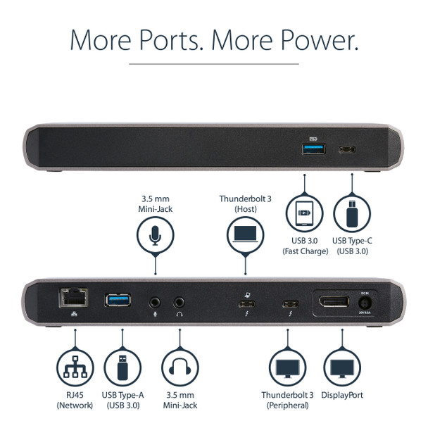 StarTech.com Thunderbolt 3 Dock - Dual Monitor 4K 60Hz Laptop Docking Station with DisplayPort - 85W Power Delivery - 3-Port USB 3.0 Hub, Ethernet, Audio - TB3 Dock - Windows & Mac 48460