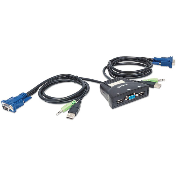 Manhattan KVM Switch Mini 2-Port, 2x USB-A, Cables included, Audio Support, Control 2x computers from one pc/mouse/screen, Black, Lifetime Warranty, Boxed 766623151245