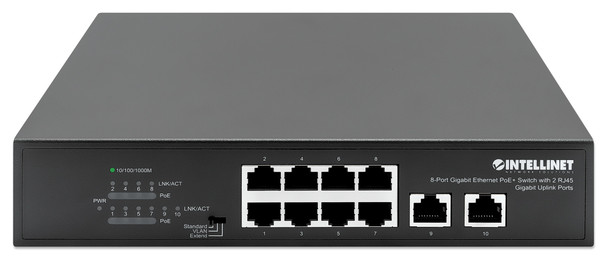 Intellinet 8-Port Gigabit Ethernet PoE+ Switch with 2 RJ45 Gigabit Uplink Ports, IEEE 802.3at/af Power over Ethernet (PoE+/PoE) Compliant, 120 W, Endspan, Desktop (WITH C14 2 PIN POWER CORD) 766623561402