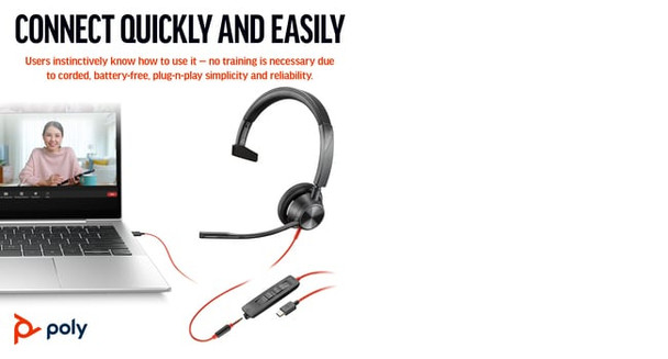 POLY Blackwire 3315 Monaural Microsoft Teams Certified USB-C Headset +3.5mm Plug +USB-C/A Adapter