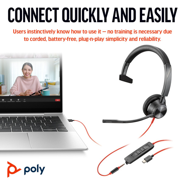 POLY Blackwire 3315 Monaural Microsoft Teams Certified USB-C Headset +3.5mm Plug +USB-C/A Adapter