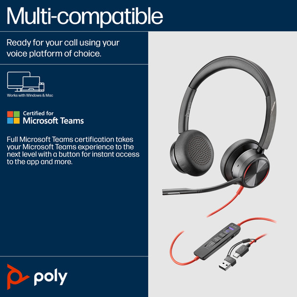 POLY Blackwire 8225 Stereo USB-C Headset +USB-C/A Adapter