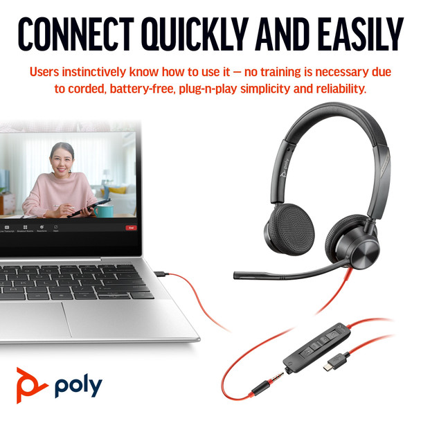 POLY Blackwire 3325 Stereo Microsoft Teams Certified USB-C Headset +3.5mm Plug +USB-C/A Adapter