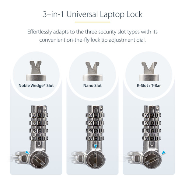 StarTech.com Universal Laptop Lock 6.6ft (2m), Security Cable For Notebook Compatible With Noble Wedge®/Nano/K-Slot; Keyless Combination Locking Cable, Anti-Theft Cut-Resistant Steel Cable