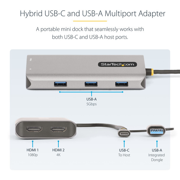 StarTech.com USB-C Multiport Adapter w/Attached USB-C to USB-A Dongle, Dual HDMI (4K30Hz/1080p60Hz), 3x USB-A 5Gbps, Mini Travel Dock, Laptop Docking Station, 1.3ft/40cm Cable
