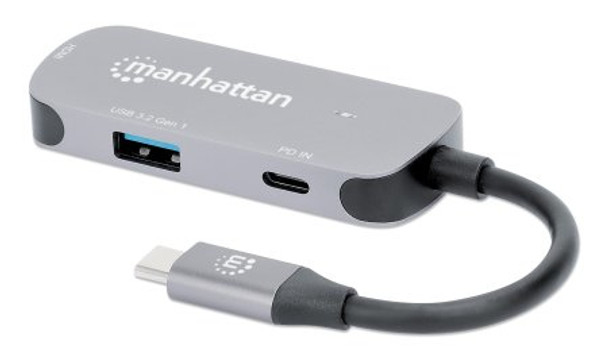 Manhattan USB-C Dock/Hub, Ports (x3): HDMI, USB-A and USB-C, With Power Delivery (100W) to USB-C Port (Note add USB-C wall charger and USB-C cable needed), All Ports can be used at the same time, Aluminium, Space Grey, Three Year Warranty, Retail Box