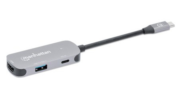 Manhattan USB-C Dock/Hub, Ports (x3): HDMI, USB-A and USB-C, With Power Delivery (100W) to USB-C Port (Note add USB-C wall charger and USB-C cable needed), All Ports can be used at the same time, Aluminium, Space Grey, Three Year Warranty, Retail Box
