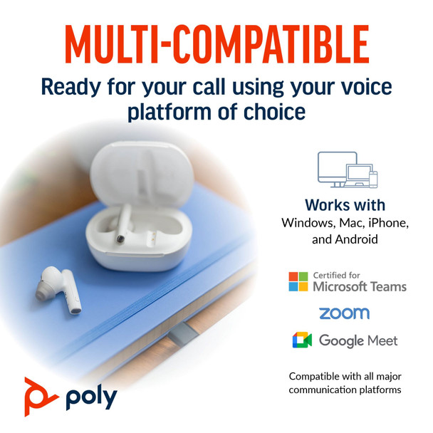 POLY Voyager Free 60+ UC M White Sand Earbuds +BT700 USB-C Adapter +Touchscreen Charge Case 7Y8G8AA