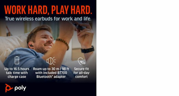 POLY Voyager Free 60+ UC M White Sand Earbuds +BT700 USB-C Adapter +Touchscreen Charge Case 7Y8G8AA