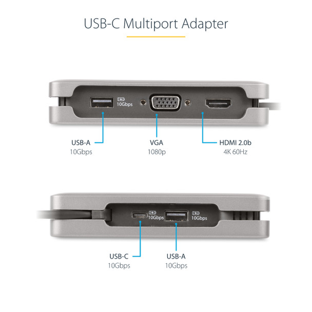 StarTech.com USB-C Multiport Adapter - HDMI/VGA - 4K 60Hz - 3-Port USB Hub - 100W Power Delivery Pass-Through - GbE - Travel Mini Docking Station w/ Charging - 1ft/30cm Wrap-Around Cable DKT31CVHPD3