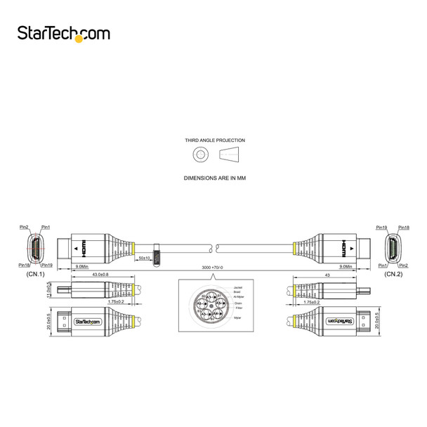 StarTech.com 10ft (3m) Premium Certified HDMI 2.0 Cable - High Speed Ultra HD 4K 60Hz HDMI Cable with Ethernet - HDR10, ARC - UHD HDMI Video Cord - For UHD Monitors, TVs, Displays - M/M HDMMV3M