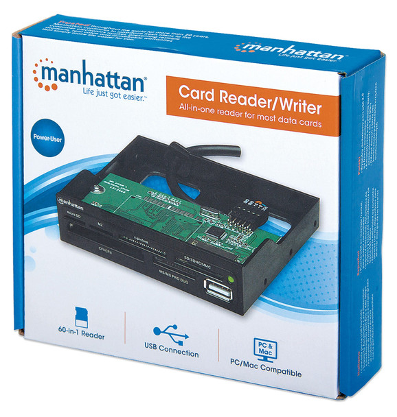 Manhattan 3.5" Bay Mount Expansion Panel, 1x USB-A port, Multi-Card Reader/Writer 60-in-1, 480 Mbps (USB 2.0), Hi-Speed USB, Black, Three Year Warranty, Box 8741
