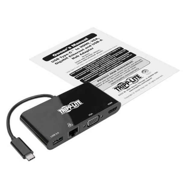 Tripp Lite USB 3.1 Gen 1 USB-C Adapter, 4K @ 30Hz - HDMI, VGA, USB-A Hub Port and Gigabit Ethernet, Black 93381