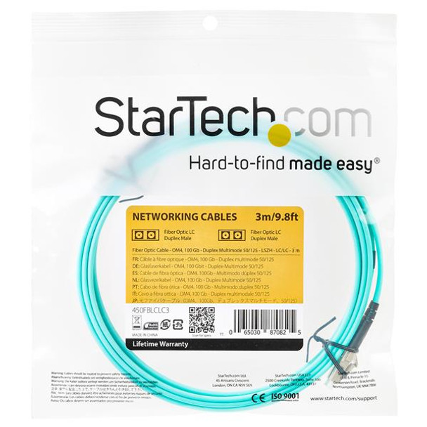 StarTech.com Aqua OM4 Duplex Multimode Fiber Optic Cable - 100 Gb - 50/125 - LSZH - LC/LC - 3 m 95563