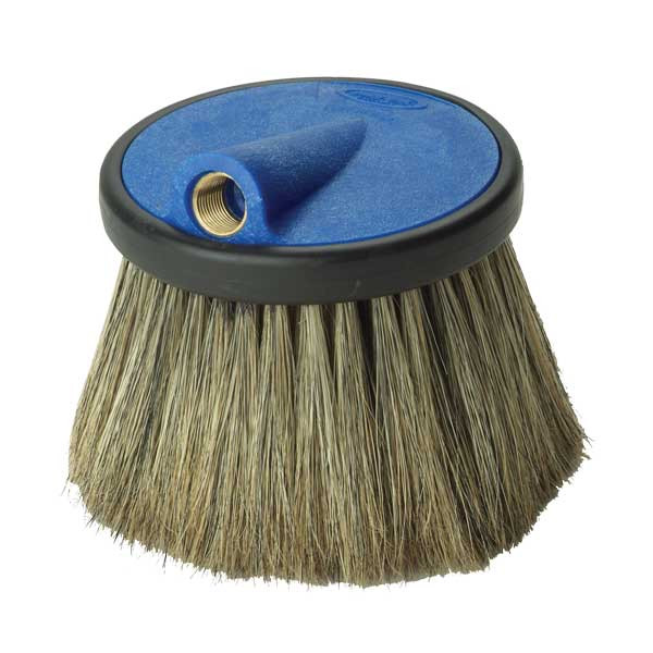Round Foam Brush, Brass 1/2in FPT, 4in Hogs Hair Bristle, Blue Plastic