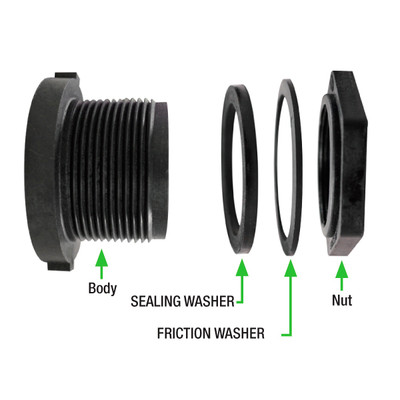 Bulkhead Tank Fitting, 1in FPT with Threaded Inlet and Outlet Connection, Nylon Bulkhead Tank Fitting, 1in FPT with Threaded Inlet and Outlet Connection, Nylon