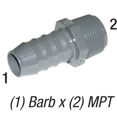Adapter, 3/4in MPT x 3/4in Barb, PVC SCH40, 1436-007, Gray