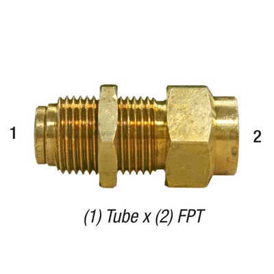 Push-In Fitting for Polyethylene and Nylon Tubing, Union Bulkhead 3/8in Tube x 1/4 FPT, Brass