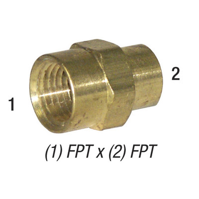 Hex Female Coupler Reducer, 3/8in FPT x 1/4in FPT, Brass, 28-183