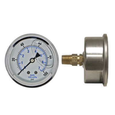 Liquid Filled Pressure Gauge, 1/4in Rear Mount, 0-100PSI, 2-1/2in Dia. Face