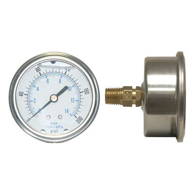 Liquid Filled Pressure Gauge, 1/4in Rear Mount, 0-200PSI, 2-1/2in Dia. Face