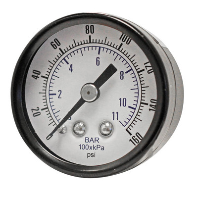 Non-Liquid Filled Pressure Gauge, 1/8in MPT Rear Mount, 0-160PSI, Polycarbonate Lens, 1-1/2in Dia. Face