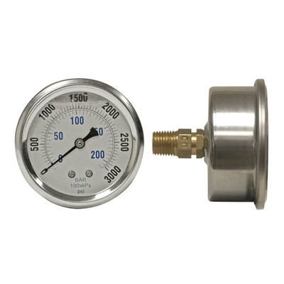 Liquid Filled Pressure Gauge, 1/4in Rear Mount, 0-3000PSI, 2-1/2in Dia. Face