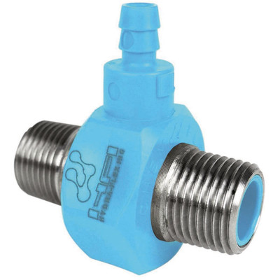 Single Barb Injector, 3/8in NPT x 3/8in NPT, 3.0GPM, Light Blue, Stainless Steel, 118095