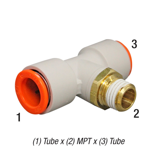 Male Branch Tee, 3/8in Tube x 3/8in Tube x 1/4in MPT, 145PSI, Pack of 10, SMC One Touch Fitting KQ2T11-35AS