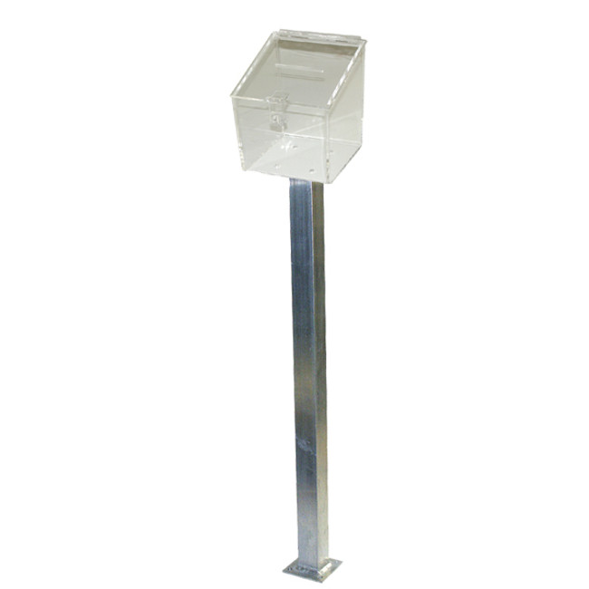Tip Box, 6-1/2in Sq. x 10in H, Complete with 4ft Tall Aluminum Stand, Mounting Flange and Hardware, Clear Acrylic