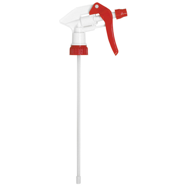 Plastic Spray Bottle Trigger, 9-1/4in Dip Tube, Standard 28/400mm Neck, Plastic, Red and White, 92-705