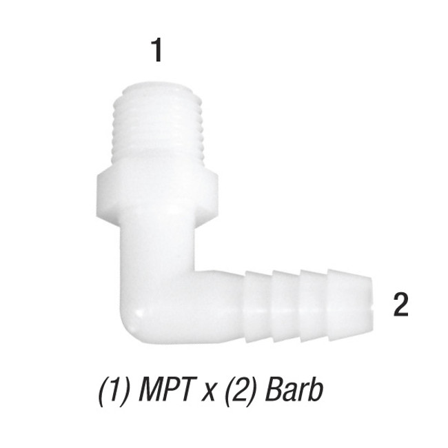 90° Elbow, 1/2in MPT x 1/2in Hose Barb, Nylon