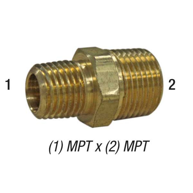 Hex Nipple, 1/8in MPT x 1/4in MPT, Brass, 28-220
