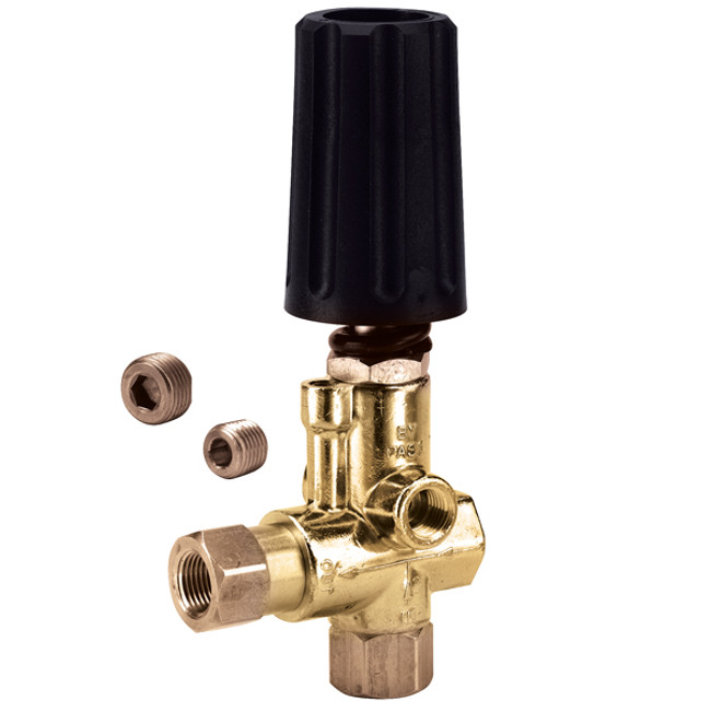 Pressure Regulator Unloader, (2) 3/8in FPT Inlet x 3/8in FPT Outlet x (2) 1/4in FPT Bypass, 8GPM, 1000PSI, 200°F, J.E. Adams 7150