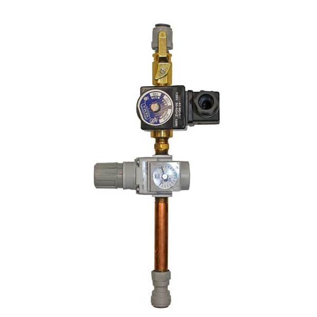 Air Plumbing Non-Foaming Manifold with (1) 24V Solenoid and (1) 1/4in Air Regulator, Inlet Port 3/8in Tube Connection, Outlet Port 3/8in Tube Connection