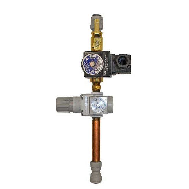 Air Plumbing Non-Foaming Manifold with (1) 110V Solenoid and (1) 1/4in Air Regulator, Inlet Port 3/8in Tube Connection, Outlet Port 3/8in Tube Connection