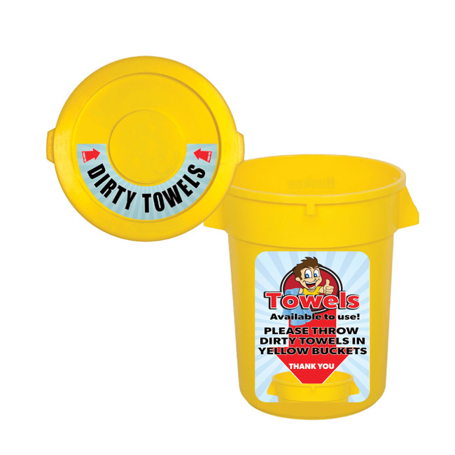 32-Gallon Yellow Can and Lid with Sign Decal, Mr. Foamer