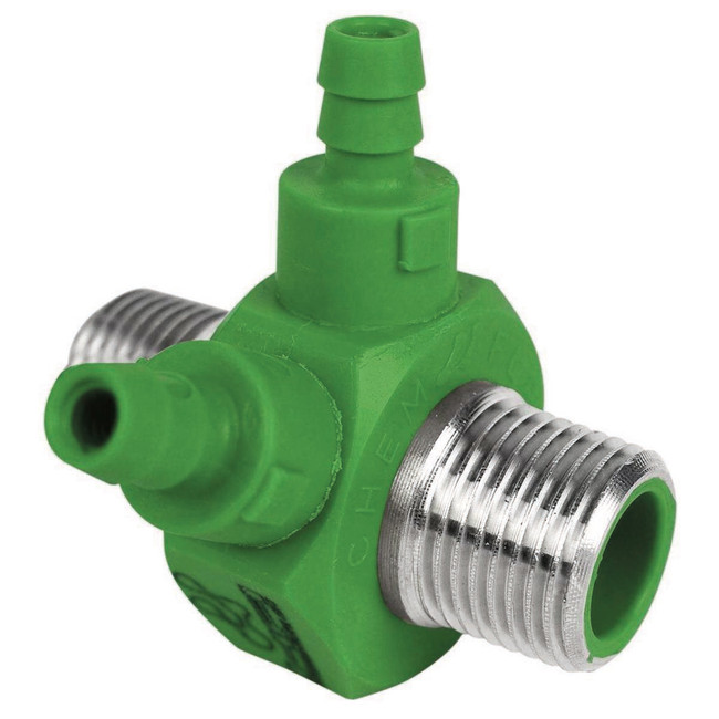 Dual Barb Injector, 3/8in NPT x 3/8in NPT, 5.50GPM, Dark Green, Stainless Steel, 129125