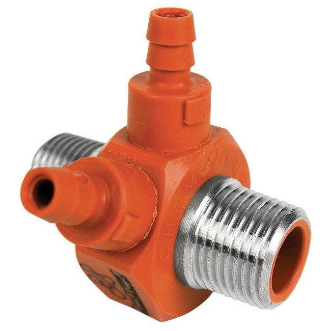 Dual Barb Injector, 3/8in NPT x 3/8in NPT, 1.50GPM, Orange, Stainless Steel, 129070