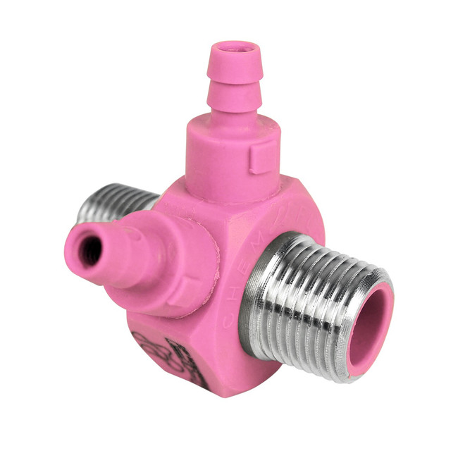 Dual Barb Injector, 3/8in NPT x 3/8in NPT, 3.75GPM, Pink, Stainless Steel, 129106