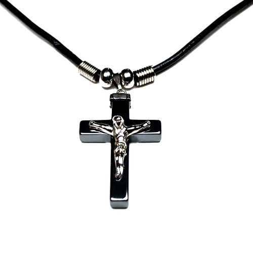 Men's Hematite Crucifix Cross Pendant Necklace