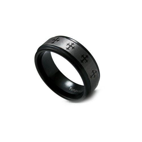 9mm Men's Black Tungsten Carbide Cross Wedding Ring Band