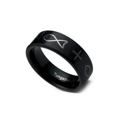 8mm Men's Black Tungsten Band Icthus Cross Wedding Ring 8mm Men's Black Tungsten Band Icthus Cross Wedding Ring