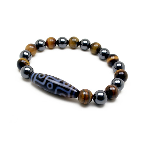 Men's Magnetic Hematite 9 Eyes Tibetan Dzi Bead Tiger's Eye Bracelet Men's Magnetic Hematite 9 Eyes Tibetan Dzi Bead Tiger's Eye Bracelet
