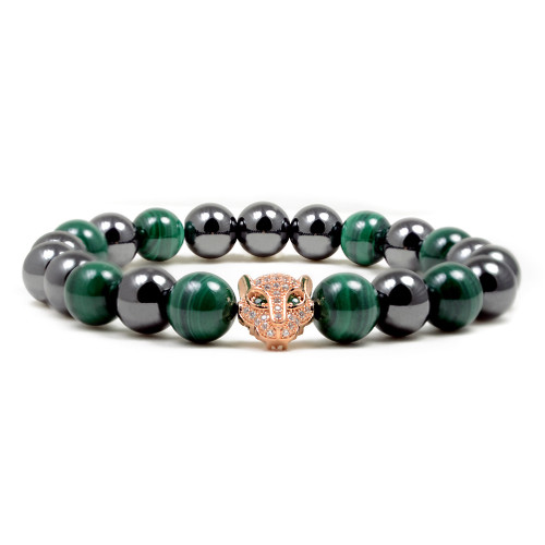 Men's Magnetic Hematite Leopard Head Malachite Bead Bracelet 8.5" Men's Magnetic Hematite Leopard Head Malachite Bead Bracelet 8.5"