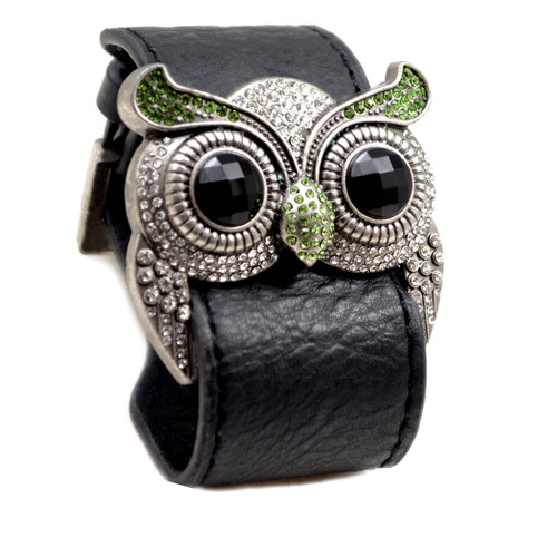 Silver Color Peridot Crystal Owl Leather Cuff Bracelet Silver Color Peridot Crystal Owl Leather Cuff Bracelet
