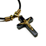 Men's Hematite Gold Crucifix Cross Pendant Necklace