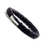 Men's Stainless Steel Black Braided Leather Bracelet 8.5"